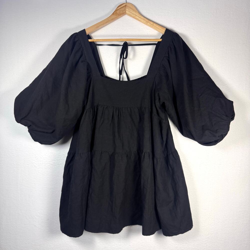 REVOLVE SNDYS Juliette Linen Blend Dress Black Babydoll Tiered Smock Puff sleeve